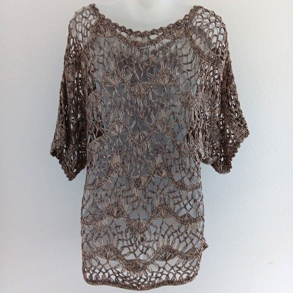 Dress Barn Croched Open Knit Sweater Tunic Womens Large Beige‎ Sheen Boho Travel - Picture 3 of 12
